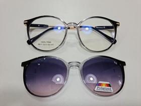 Armação clippon feminina, lentes polarizadas, hastes em metal com acetato Armação clippon feminina, lentes polarizadas, hastes em metal com acetato