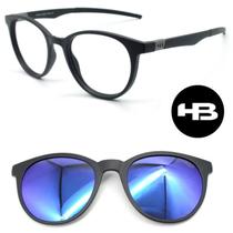 Armação de Grau Redondo Hb 0253 Preto Fosco Com 1 Clipon Azul