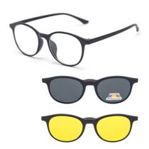 Armação de Oculos de Sol e Grau Preto Polarizado Quadrado Masculino Clip On 3 em 12