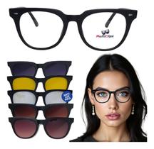 Armação De Óculos Feminino Para Grau Com Clip On 6 Em 1 Uv400 - Preto