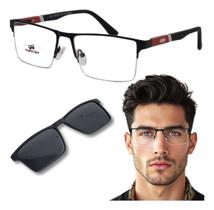 Armação de Óculos Masculino Retangular em Metal Clip on Solar Polarizado