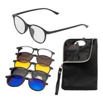 Armação Óculos Clipon 5 Em 1 Grau Masculino Redondo Fuji