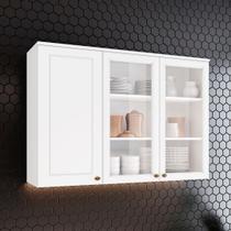 Armário Aéreo 120 cm Branco HP 100% MDF 03 Portas com Vidro Temperado Americana Armário Aéreo 120 cm Branco HP 100% MDF 03 Portas com Vidro Temperado Americana