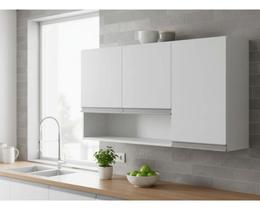 Armário Aéreo 120 cm MDF Branco Fosco com 3 Portas e Nicho Aberto, Linha Modular, Entregue Montado para Cozinha, Lavanderia e Banheiro