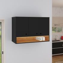 Armário Aéreo 3 Portas Suspenso com Nicho Prateleira Organizador Cozinha Balcão Jessica - Preto/ Cinamomo Armário Aéreo 3 Portas Suspenso com Nicho Prateleira Organizador Cozinha Balcão Jessica - Preto/ Cinamomo
