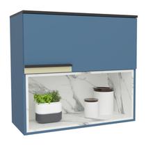 Armário Aéreo 80cm 1 Porta Basculante 1 Nicho Cozinha Flórida Azul Órion / Calacatta