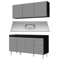 Armário Aéreo Argélia e Balcão Com Pia 150cm Marrocos Preto/Cinza - Lumil Móveis