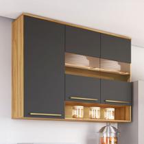 Armário Aéreo Cozinha 120 Cm Napoli 3 Portas com Vidro 100% Mdf Amêndoa/Chumbo - Rio Doce Armário Aéreo Cozinha 120 Cm Napoli 3 Portas com Vidro 100% Mdf Amêndoa/Chumbo - Rio Doce