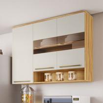 Armário Aéreo Cozinha 120 Cm Napoli 3 Portas com Vidro 100% Mdf Amêndoa/Off White - Rio Doce
