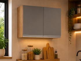 Armário Aéreo Cozinha, Lavanderia Eva 2 Portas Castanho e Cinza 80cm L06