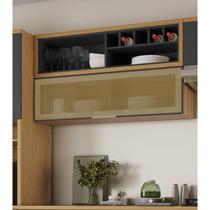 Armário Aéreo de Cozinha 120cm 1 Porta Horizonal Vidro Reflecta e Nicho Garrafeiro New Porto Mdf