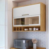 Armário Aéreo de Cozinha 120cm 2 Portas Basculantes Vidro Reflecta 100% MDF Vicenza Espresso Móveis Branco/Amêndoa