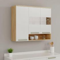 Armário Aéreo de Cozinha 120cm com 3 Portas Vidro Reflecta e Nicho 100% MDF Itália Espresso Móveis Bege/Amêndoa/Off White