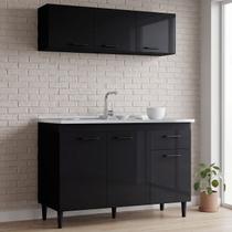 Armário Aéreo e Balcão de Cozinha com Pia Inox 120cm Classic P11 Preto - Mpozenato Armário Aéreo e Balcão de Cozinha com Pia Inox 120cm Classic P11 Preto - Mpozenato