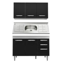 Armário Aéreo Honduras e Balcão Gabinete Suécia com Pia Inox 120cm Branco/Preto - Lumil Móveis