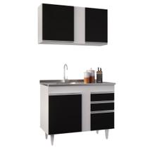 Armário Aéreo Indiana e Balcão Gabinete 100cm com Pia Inox Luziania Branco/Preto - Lumil - Lumil Móveis