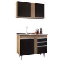 Armário Aéreo Indiana e Balcão Gabinete 100cm com Pia Inox Luziania Castanho/Preto - Lumil
