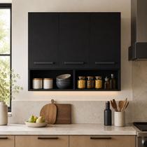 Armário Aéreo Mila 90cm Cozinha Lavanderia 3 Portas Nicho Branco Preto MDP