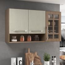 Armário Aéreo Modulado Vazado Com Vidro Fidelitá Paris 120 Cm 3 Portas Nogal/Salinas