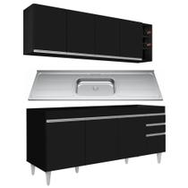 Armário Aéreo Nevada e Balcão Gabinete 180cm Com Pia Dallas Preto - Lumil
