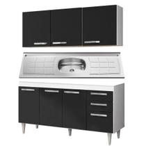 Armário Aéreo Parma e Balcão Gabinete Lisboa com Pia Inox 150cm Branco/Preto - Lumil Móveis