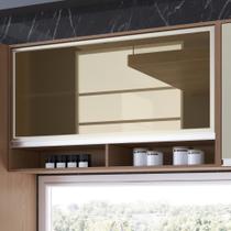 Armário Aéreo Suspenso Multiuso Cozinha Athenas 1 Porta Vidro 2 Prateleiras Marrom Madeira e Bege