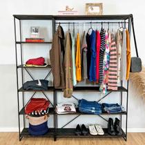 Armário Arara Industrial Closet Completo Modular Ample de Ferro e Madeira Tabaco e Preto