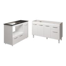 Armário Camila Cozinha Gabinete de Pia 140 cm e Balcão Para Cooktop 4 Bocas e Forno ou Microondas Alana Branco