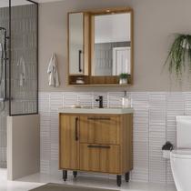 Armário Conjunto de Banheiro com Gabinete, Cuba e Espelheira 2 Portas e 1 gaveta com Led na Espelheira 80 cm