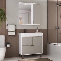 Armário Conjunto de Banheiro com Gabinete Cuba e Espelheira e LED 80 cm Eleganza Branco/Fumê