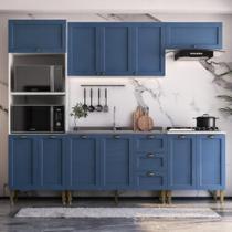 Armário Cozinha Americana Modulada Completa 260cm 5 Peças Com Balcão Multimóveis Cr20495 Branco-Azul