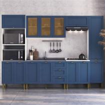 Armário Cozinha Americana Modulada Completa 305cm Com Vidros Multimóveis Cr20497 Branco-Azul