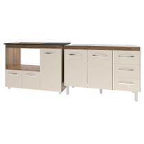 Armário Cozinha Balcão Gabinete De Pia 120 Cm Bruna E Balcão Alana Para Fogão Cooktop 5 Bocas E Forno Savana Off White