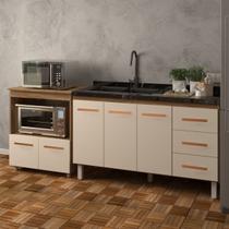Armário Cozinha Balcão Gabinete de Pia 140 cm Carine e Balcão Para Microondas e Forno Elétrico Amanda Savana Off White