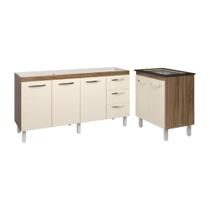 Armário Cozinha Balcão Gabinete De Pia 160 Cm Estela E Balcão Fran Para Fogão Cooktop 4 Bocas Savana Off White