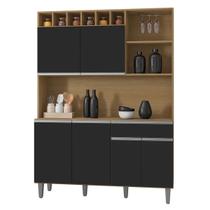 Armário Cozinha Compacta 6 Portas Alice 130cm Amendoa Preto AJL Móveis