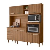 Armário Cozinha Compacta MDF 7 Portas 3 Gavetas Balcão C/ Tampo Espaço P/ Forno E Microondas Pés C/ Regulagem Piatã