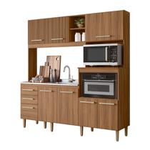 Armário Cozinha Compacta MDF 7 Portas 3 Gavetas Balcão P/ Pia Espaço P/ Forno E Microondas Pés C/ Regulagem Piatã