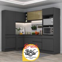 Armário Cozinha Completa Canto Veneza MP2085 Multimóveis Preto Brinde Jogo de Panelas Tramontina