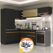 Armário Cozinha Completa Canto Veneza MP2086 Multimóveis Preto Brinde Jogo de Panelas Tramontina