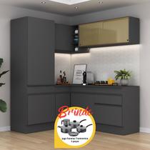 Armário Cozinha Completa Canto Veneza MP2088 Multimóveis Preto Brinde Jogo de Panelas Tramontina