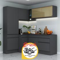 Armário Cozinha Completa Canto Veneza MP2089 Multimóveis Preto Brinde Jogo de Panelas Tramontina