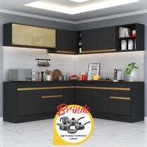 Armário Cozinha Completa Canto Veneza MP2096 Multimóveis Preto Brinde Jogo de Panelas Tramontina