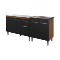 Armário Cozinha Gabinete pia de 120 cm com Balcão Cooktop 5 bocas Savana frente preta