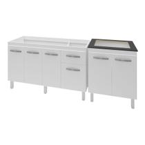 Armário Cozinha Gabinete Pia De 140 cm Camile Com Balcão Cooktop 4 Bocas Branco Jade