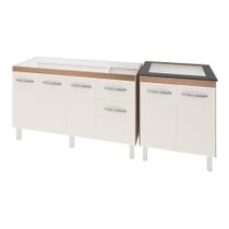 Armário Cozinha Gabinete Pia De 140 Cm Camile Com Balcão Cooktop 4 Bocas Savana Frente OffWhite Jade