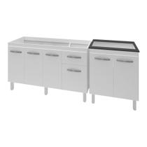 Armário Cozinha Gabinete Pia De 140 cm Camile Com Balcão Cooktop 5 Bocas Branco Jade