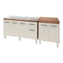 Armário Cozinha Gabinete Pia De 140 cm Camile Com Balcão Multiuso Micro-ondas Savana Frente Off-white Serena