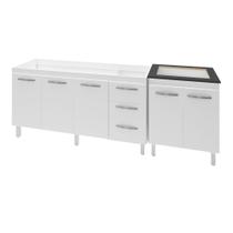 Armário Cozinha Gabinete Pia De 140 cm Carina Com Balcão Cooktop 4 Bocas Branco Jade