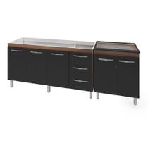 Armário Cozinha Gabinete Pia De 140 cm Carina Com Balcão Cooktop 5 Bocas Savana Frente Preta Jade